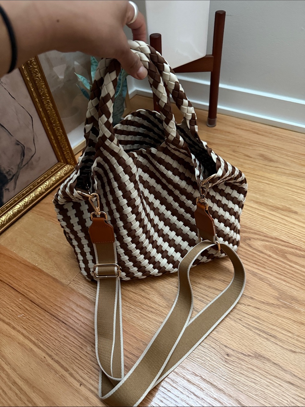 Woven Two-Tone Brown & Cream Shoulder Bag
